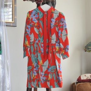 Red floral palm leaves button up dress